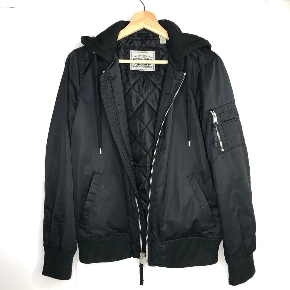 Levis Bomber Jacket Hoodie Mens Sz S Black Softshell Full Zip Hooded Quilt Lined